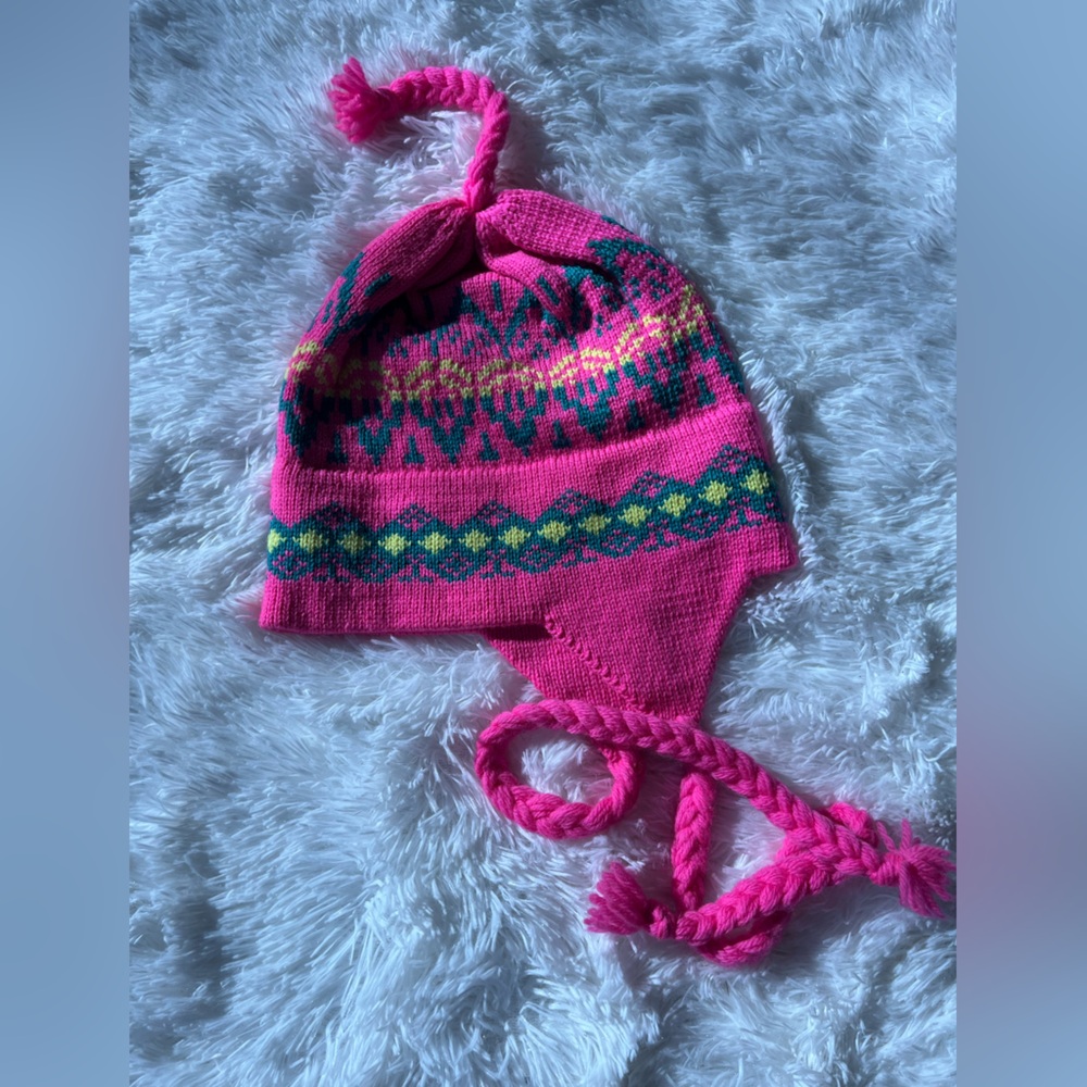 Moriarty Hat Fair Isle 100% Wool Ski Trapper Hat PINK Stowe VT